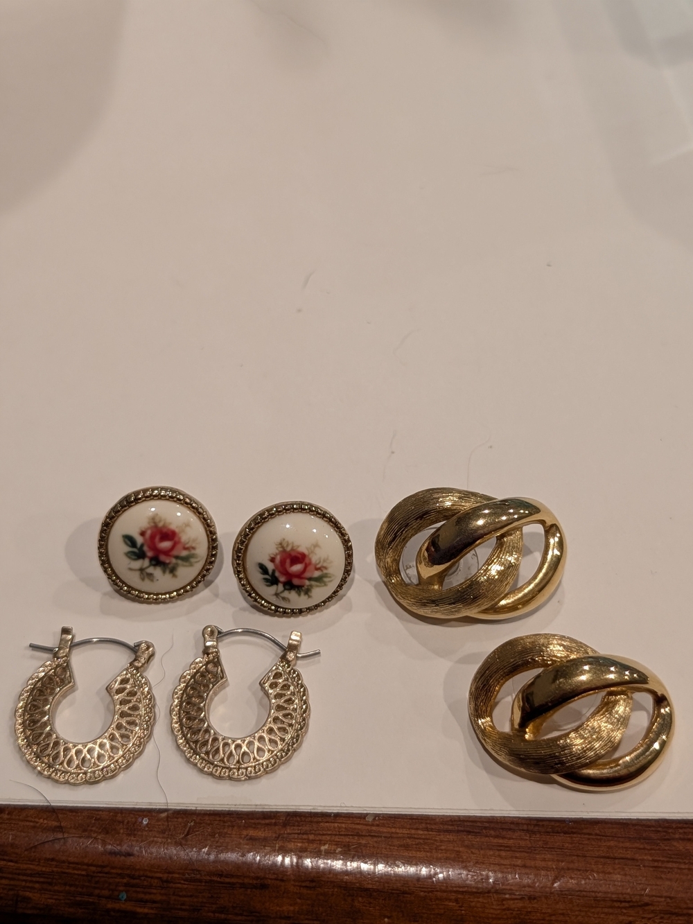 Gold-Tone Knot Clip-On Earrings and Porcelain Rose Button Earrings Set